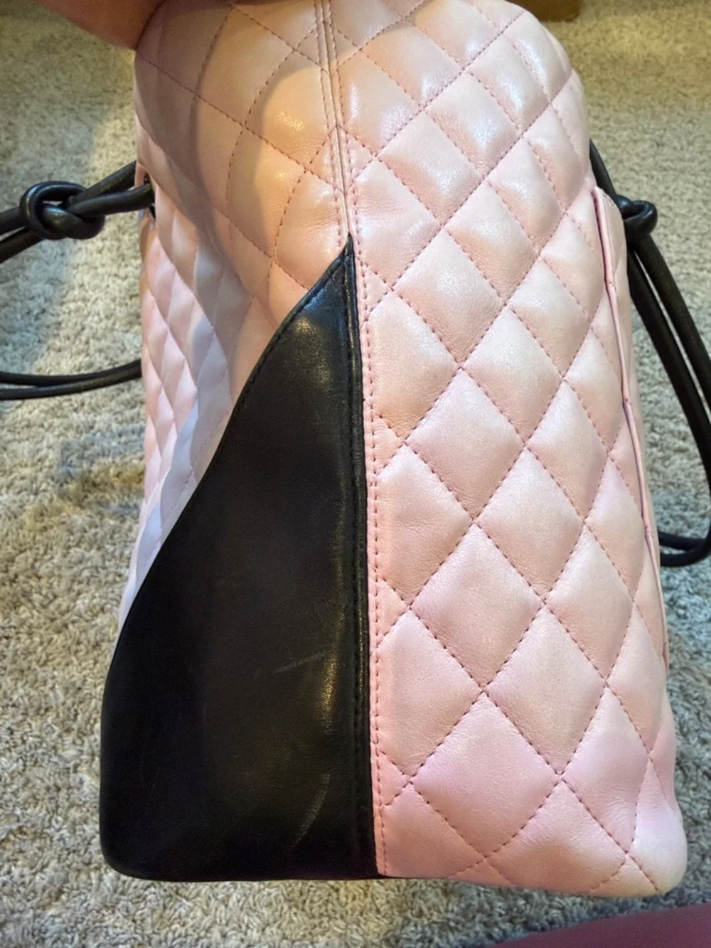 CHANEL Pink Quilted Tote with Black Trim and CC Logo
